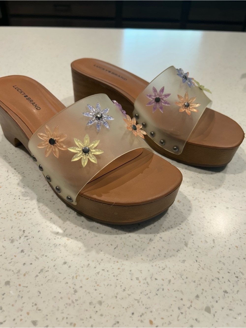 Lucky Brand Clear Floral Platform Mules with Brown Footbed